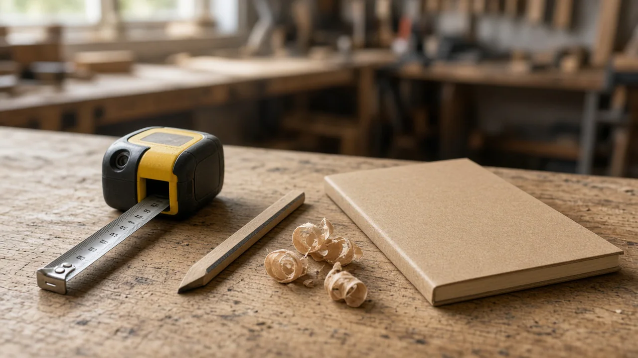 Tape measure, carpenter pencil and a plain notebook on a wooden workbench
