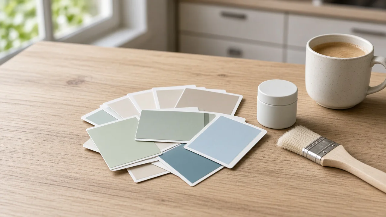 Paint color sample cards, a sample pot and a paintbrush on a wood table