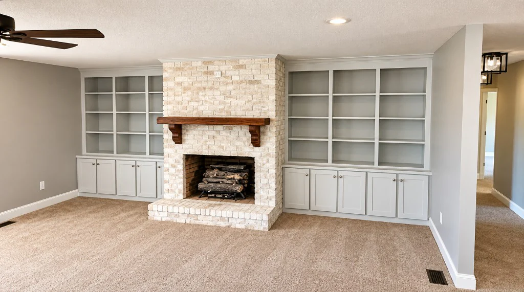 White brick fireplace with a wood mantel between built-in shelves