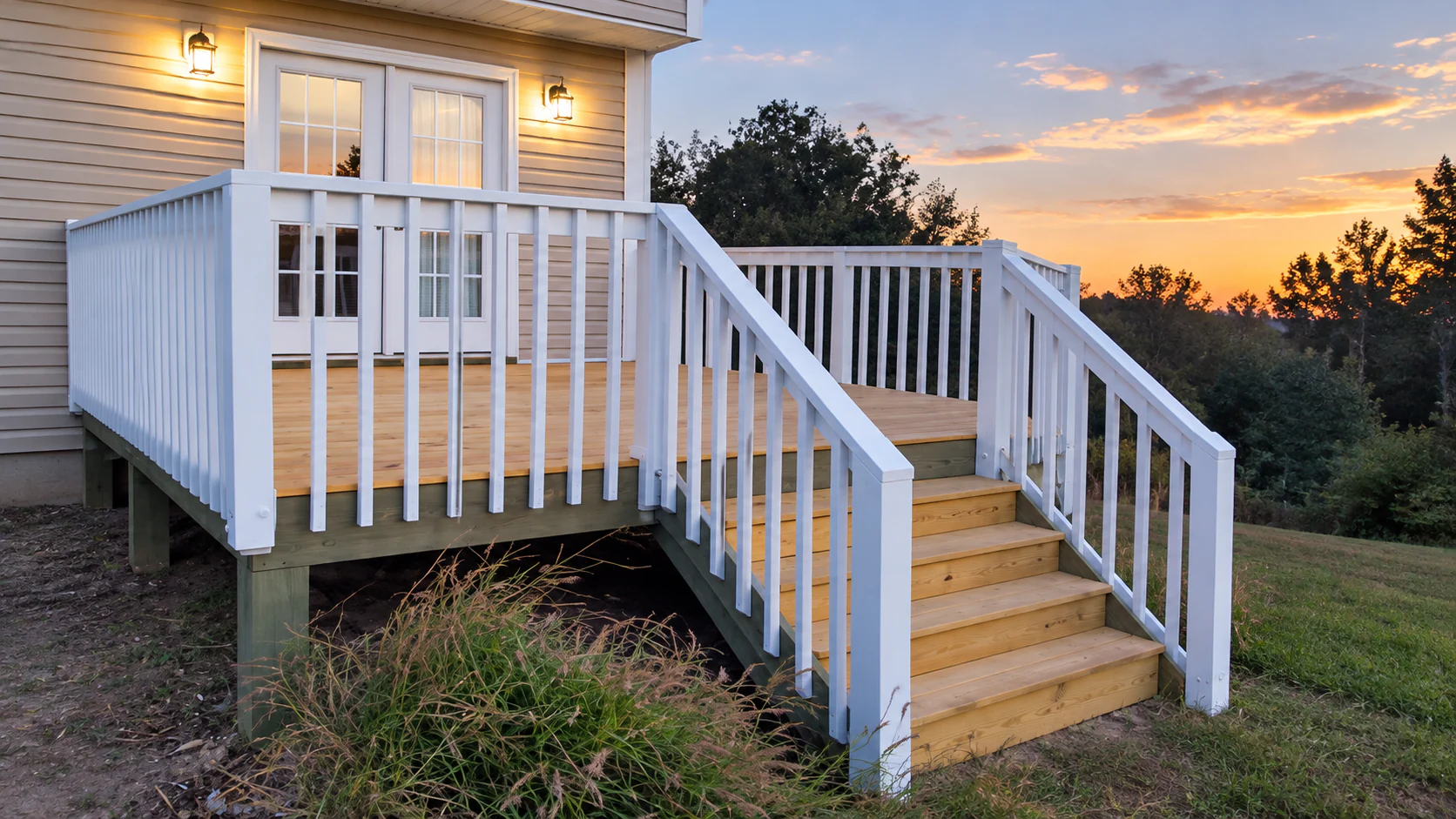 Wooden deck and stairs with white railings at sunset